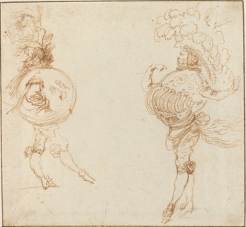 Two Men in Masquerade Costumes: The Earth and a Parade Helmet, c. 1645.