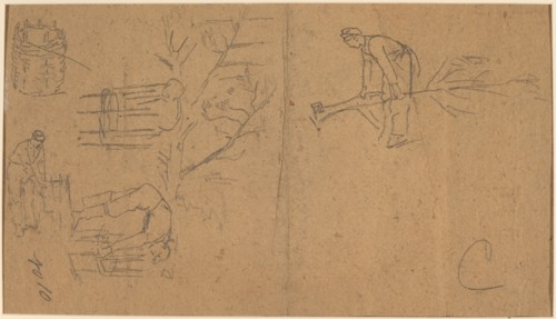Soldiers felling sapling, and weaving saplings into baskets [verso], 1862.
