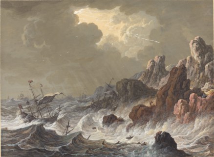 Storm-Tossed Ships Wrecked on a Rocky Coast.