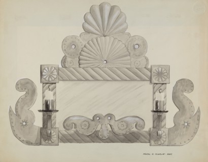 Tin Mirror Frame with 2 Candle Sockets, c. 1937.