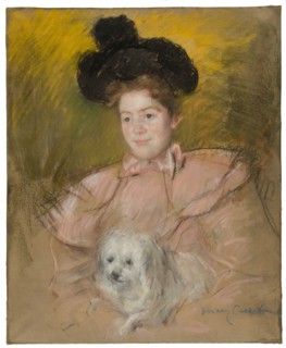 Woman in Raspberry Costume Holding a Dog, c. 1901.