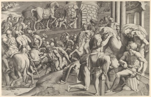 The Trojans hauling the wooden horse into Troy, 1545.