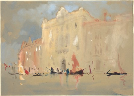 Gondolas Before a Palace on the Grand Canal in Venice.