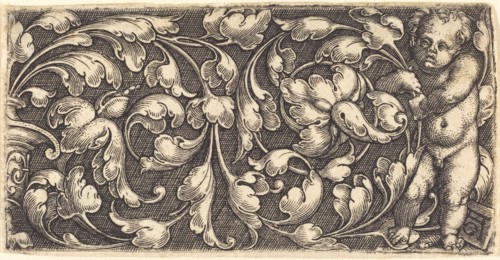 Naked Infant Holding a Double Scroll of Leafy Ornament.