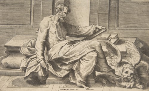Saint Mark writing his gospel, winged lion at the right, 1531-76.