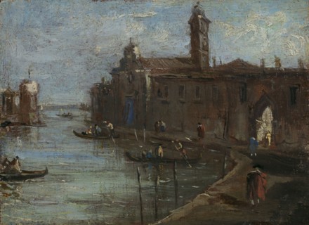 Canal in Venice, 18th century. By a follower of Francesco Guardi.