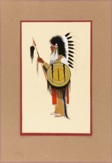Cheyenne Warrior in Feather Headdress with Shield, ca. 1915-1937.