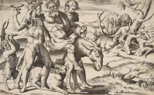 A drunken Silenus riding an ass being supported by satyrs, 1531-76.