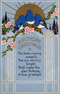 Birthday Greetings, 1933. Bluebirds on a branch of blossom, with poem.