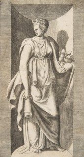 Diana holding fruit in her left hand standing within a niche, ca. 1531-76.