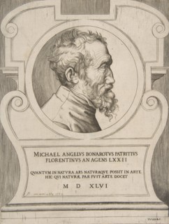 Bust portrait of Michelangelo facing right, set within a cartouche., 1546.