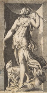 Diana the huntress acompanied by her dogs standing in a niche, 16th century.