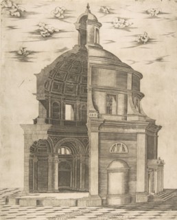 Exterior and interior section of a temple in Rome dedicated to Neptune, 1541.