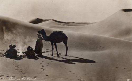 Rest in the Desert, 1930s. Arab men sitting round a campire among sand dunes.
