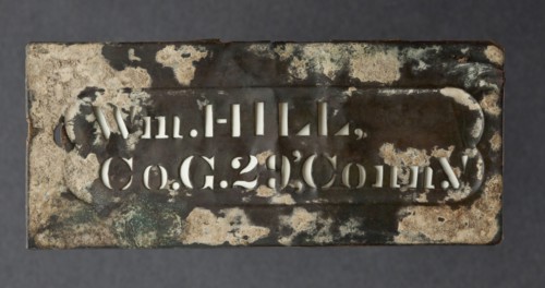 Metal plate with raised edge and cut out letters “Wm.HILL,/ Co.G.29,' Conn.V”