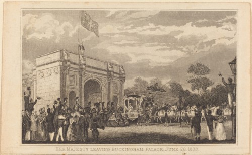 Her Majesty Leaving Buckingham Palace, June 28, 1838 [left half], 19th century.