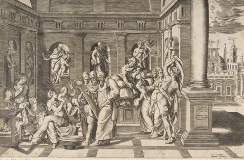 The birth of Saint John the Baptist set within a classical building, ca 1531-76.