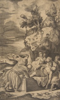 The entombment of Christ, the crosses on Calvary visble in left background, 1563.