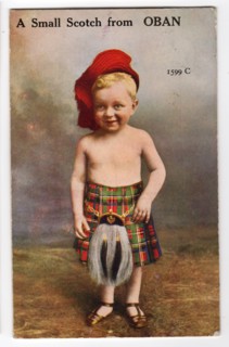 A Small Scotch from Oban, 1934. Child in traditional Scottish kilt - play on words.