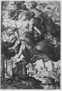 Ixion attempting to seduce Juno, surrounded by clouds with ruins below, ca. 1520-39.