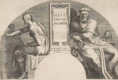 The ancestors of Christ flanking an inscribed tablet, an arched top composition, 1531-76.