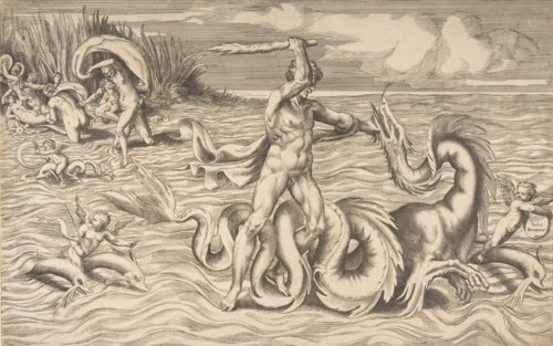 Hercules fight adragon in the centre, Achelous carrying off Deianeira upper left, 1531-76.