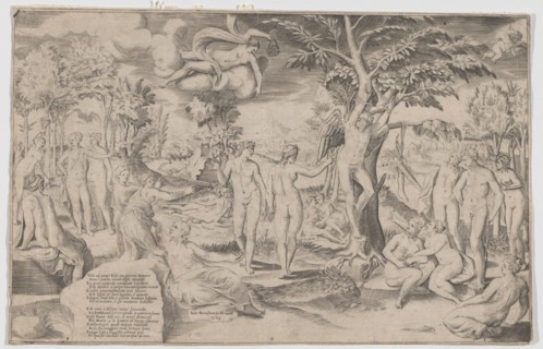 Cupid in the Elysian Fields tied to a tree in the centre, surrounded by many figures, 1563.