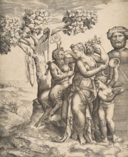 Pan at the left seated next to a standing nymph, to the right Cupid holding cymbals, 1531-76. Creator: Giulio Bonasone.