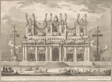 The Seconda Macchina for the Chinea of 1765: A Decorated Building with Cockaigne Poles, 1765. Creator: Giuseppe Vasi.