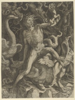 Fury personified as an old man riding a monster, holding a skull in his left hand, c..., ca.1520-39. Creator: Giovanni Jacopo Caraglio.