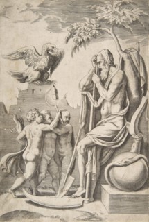 Father Time at the right leaning on a scythe, three naked boys and eagle at the left, 1..., 1531-76. Creator: Giulio Bonasone.