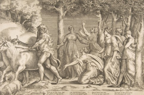 Hercules driving off the cattle of Geryon, at the right are the nymphs of Hesperides, ..., 1531-76. Creator: Giulio Bonasone.