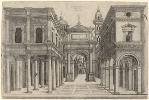 A Street with Various Buildings, Colonnades and an Arch, c. 1500/1510. Creator: Zoan Andrea.
