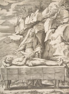 Pieta, Christ stretched out on a table in a landscape, the Virgin standing behind arms ..., 1531-76. Creator: Giulio Bonasone.