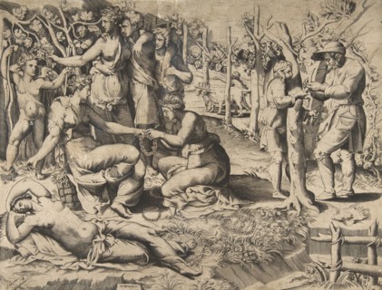 Flora in the centre passing a wreath to another woman, surrounded by other fig..., mid-16th century. Creator: Giulio Bonasone.