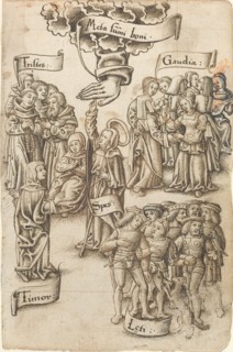 Hope, Reaching for Heaven, Stands among Sad and Happy Men, Joys...[fol. 19 recto], c1512/1515. Creator: Unknown.