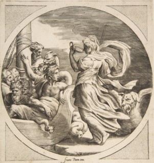 Circe drinking from a cup with the companions of Ulysses in a boat at left, a circular ..., 1531-76. Creator: Giulio Bonasone.