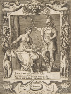 Juno, Mars and Cupid, set within an elaborate frame, from the 'Loves, Rages and Jealous..., 1531-76. Creator: Giulio Bonasone.
