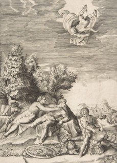 Calypso trying to detain Ulysses as a child prepares his armour at right and Mercury fa..., 1531-76. Creator: Giulio Bonasone.