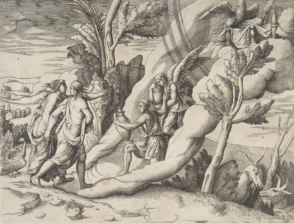 Jupiter and Juno being received in the heavens by Ganymede and Hebe, from the 'Division..., 1531-76. Creator: Giulio Bonasone.
