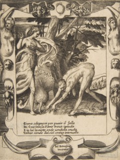 Juno sending famine against Crasiton, set within an elaborate frame, from 'Loves, Rages..., 1531-76. Creator: Giulio Bonasone.