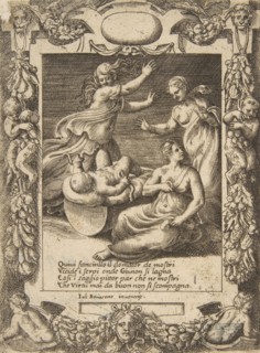 The infant Hercules killing the snakes, set within an elaborate frame, from the 'Loves,..., 1531-76. Creator: Giulio Bonasone.