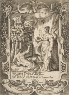 Tantalus at left speaking to Diana at right, set within an elaborate frame, from the 'L..., 1531-76. Creator: Giulio Bonasone.