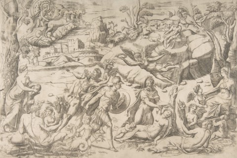 Mars and Rhea Silvia: in the centre Mars holds a shield and sword, Rhea Silvia sleep..., ca 1531-76. Creator: Giulio Bonasone.