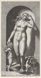 Plate 10: Venus in a niche, standing on a conch shell, with Cupid to her right, from a ser..., 1526. Creator: Giovanni Jacopo Caraglio.