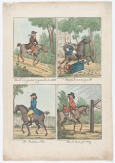 Four Scenes: How to Ride Genteel & Agreeable Down Hill; How to be Run Away With; ..., 1787 or later. Creator: Unknown.