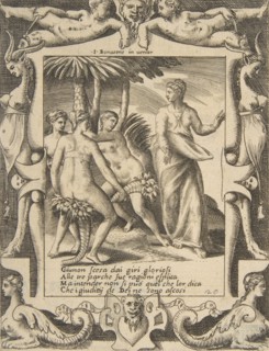 Juno at the right turning and speaking to the Fates, set within an elaborate frame, fro..., 1531-76. Creator: Giulio Bonasone.