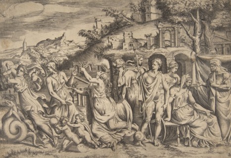 The story of Jason and Medea at the left she carries off her son, in the middle she is ..., 1531-76. Creator: Giulio Bonasone.