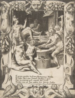Vulcan, Neptune, Athena and other Gods making Shackles to pull Jupiter from the Heavens..., 1531-76. Creator: Giulio Bonasone.