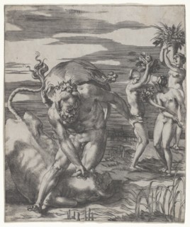 Hercules defeating the river god Achelous in the form of a bull, with three women t..., ca. 1526-27. Creator: Giovanni Jacopo Caraglio.